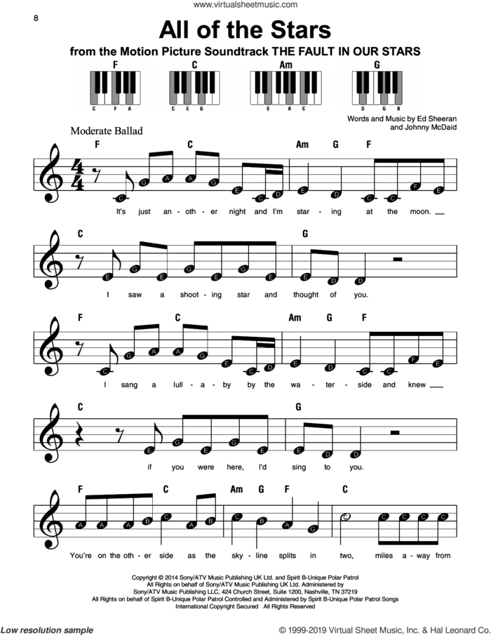 All Of The Stars, (beginner) sheet music for piano solo by Ed Sheeran and Johnny McDaid, beginner skill level