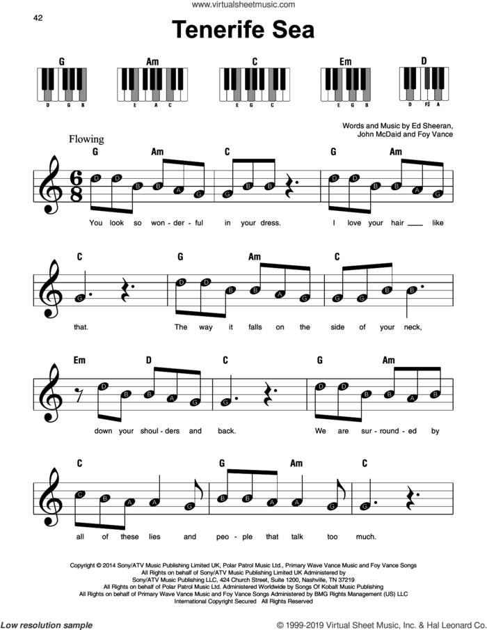 Tenerife Sea sheet music for piano solo by Ed Sheeran, Foy Vance and John McDaid, beginner skill level