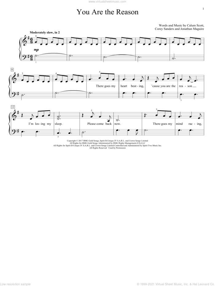 You Are The Reason sheet music for piano solo (elementary) by Calum Scott, Corey Sanders and Jon Maguire, beginner piano (elementary)