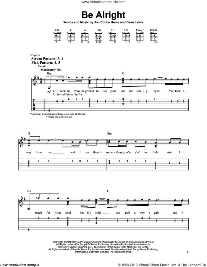 Be Alright sheet music for guitar solo (easy tablature) by Dean Lewis and Jon Cobbe Hume, easy guitar (easy tablature)