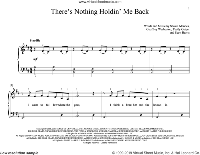 There's Nothing Holdin' Me Back sheet music for piano solo (elementary) by Shawn Mendes, Geoffrey Warburton, Scott Harris and Teddy Geiger, beginner piano (elementary)
