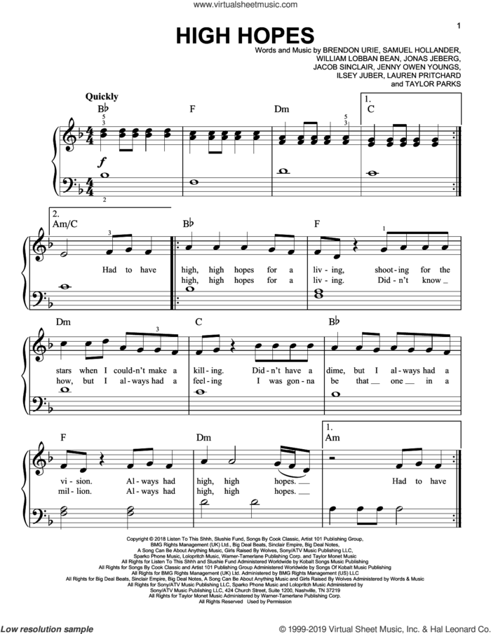 High Hopes, (beginner) sheet music for piano solo by Panic! At The Disco, Brendon Urie, Ilsey Juber, Jacob Sinclair, Jenny Owen Youngs, Jonas Jeberg, Lauren Pritchard, Sam Hollander, Taylor Parks and William Lobban Bean, beginner skill level