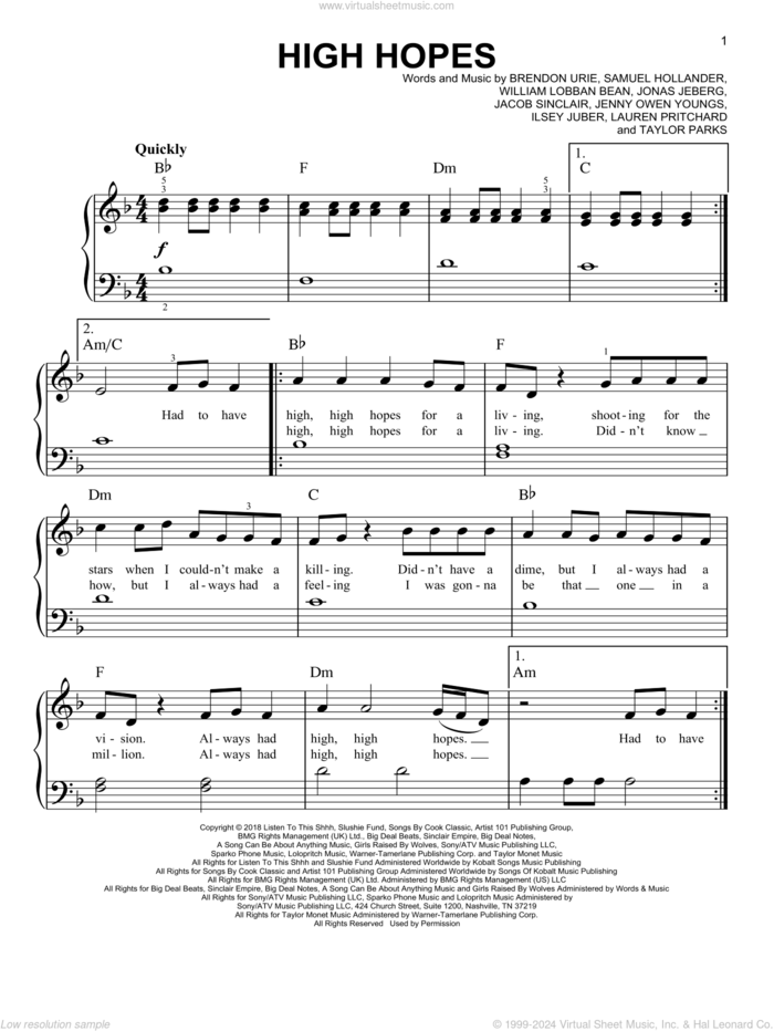 High Hopes, (beginner) sheet music for piano solo by Panic! At The Disco, Brendon Urie, Ilsey Juber, Jacob Sinclair, Jenny Owen Youngs, Jonas Jeberg, Lauren Pritchard, Sam Hollander, Taylor Parks and William Lobban Bean, beginner skill level