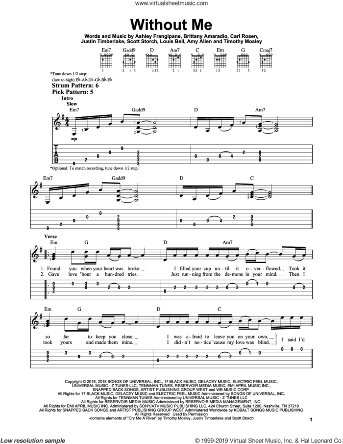 Without Me sheet music for guitar solo (easy tablature) by Halsey, Amy Allen, Ashley Frangipane, Brittany Amaradio, Carl Rosen, Justin Timberlake, Louis Bell, Scott Storch and Timothy Mosely, easy guitar (easy tablature)
