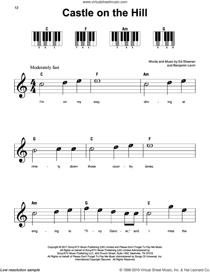 Castle On The Hill sheet music for piano solo by Ed Sheeran and Benjamin Levin, beginner skill level