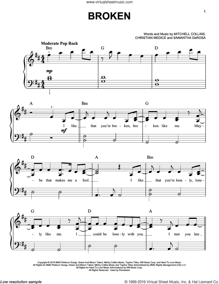 Broken sheet music for piano solo by lovelytheband, Christian Medice, Mitchell Collins and Samantha DeRosa, easy skill level