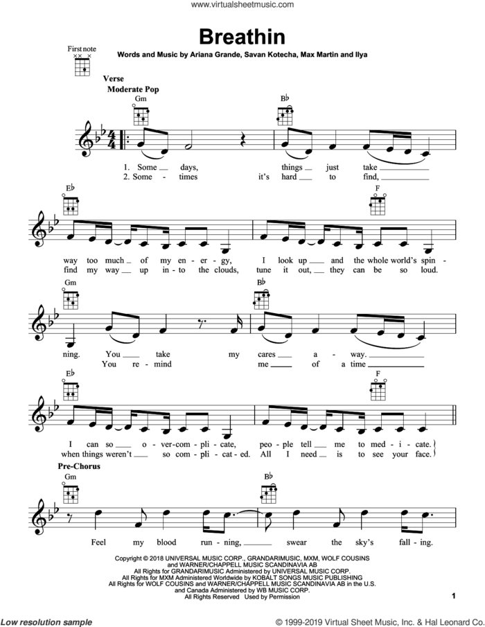 Breathin sheet music for ukulele by Ariana Grande, Ilya Salmanzadeh, Max Martin and Savan Kotecha, intermediate skill level