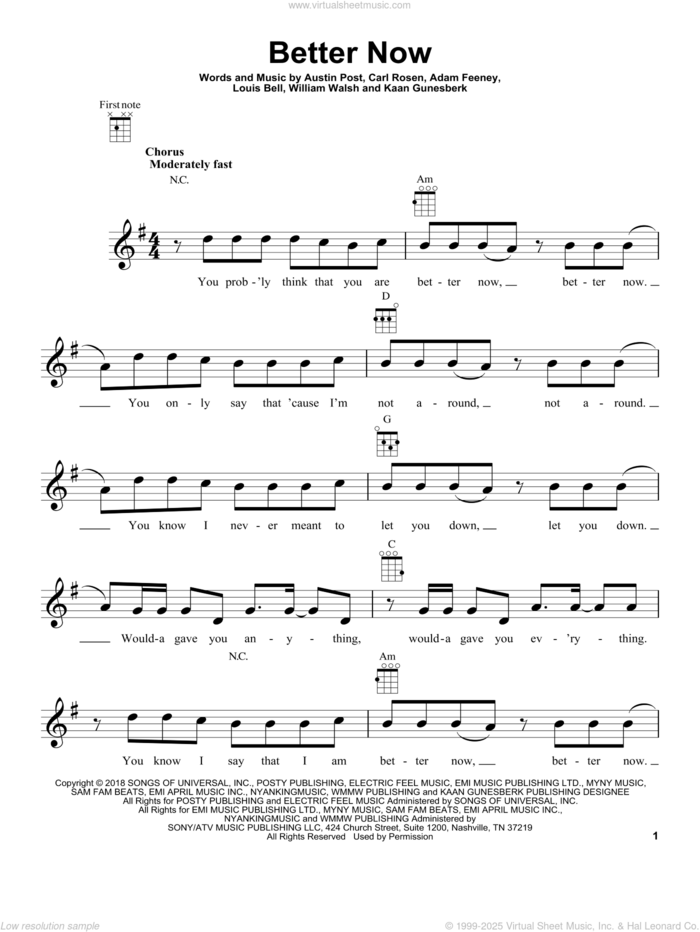 Better Now sheet music for ukulele by Post Malone, Adam Feeney, Austin Post, Carl Rosen, Kaan Gunesberk, Louis Bell and William Walsh, intermediate skill level