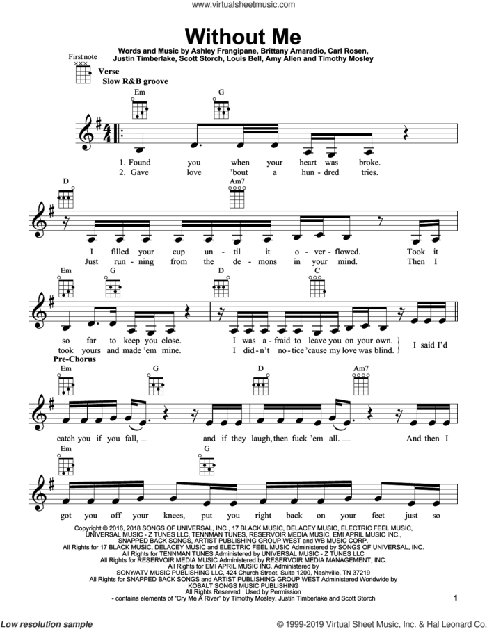 Without Me sheet music for ukulele by Halsey, Amy Allen, Ashley Frangipane, Brittany Amaradio, Carl Rosen, Justin Timberlake, Louis Bell, Scott Storch and Timothy Mosely, intermediate skill level