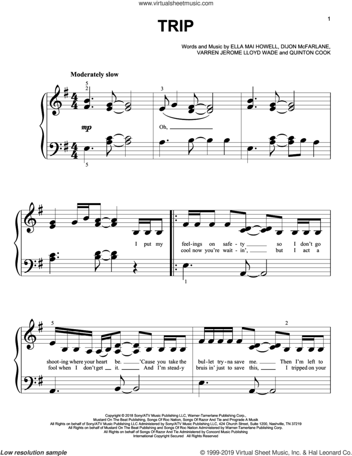 Trip sheet music for piano solo (big note book) by Ella Mai, Dijon McFarlane, Ella Mai Howell, Quinton and Varren Wade, easy piano (big note book)