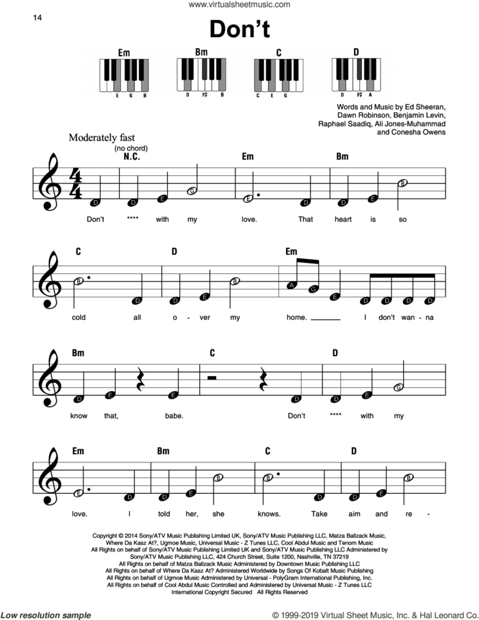 Don't sheet music for piano solo by Ed Sheeran, Ali Jones-Muhammad, Benjamin Levin, Conesha Owens, Dawn Robinson and Raphael Saadiq, beginner skill level