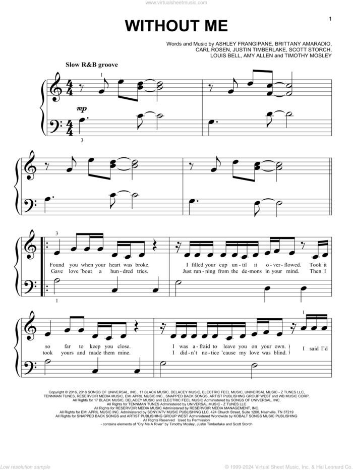 Without Me sheet music for piano solo (big note book) by Halsey, Amy Allen, Ashley Frangipane, Brittany Amaradio, Carl Rosen, Justin Timberlake, Louis Bell, Scott Storch and Timothy Mosely, easy piano (big note book)