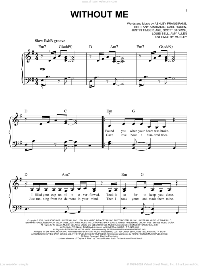 Without Me, (easy) sheet music for piano solo by Halsey, Amy Allen, Ashley Frangipane, Brittany Amaradio, Carl Rosen, Justin Timberlake, Louis Bell, Scott Storch and Timothy Mosely, easy skill level