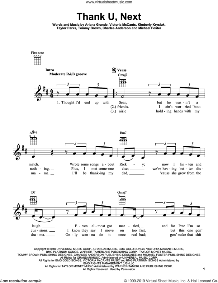 thank u, next sheet music for ukulele by Ariana Grande, Charles Anderson, Kimberly Krysiuk, Michael Foster, Taylor Parks, Tommy Brown and Victoria McCants, intermediate skill level