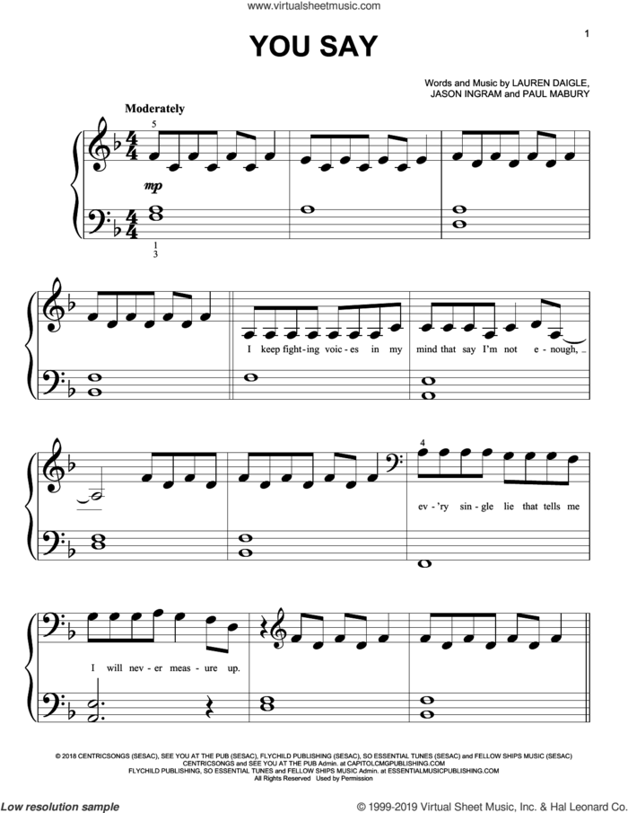 You Say sheet music for piano solo (big note book) by Lauren Daigle, Jason Ingram and Paul Mabury, easy piano (big note book)