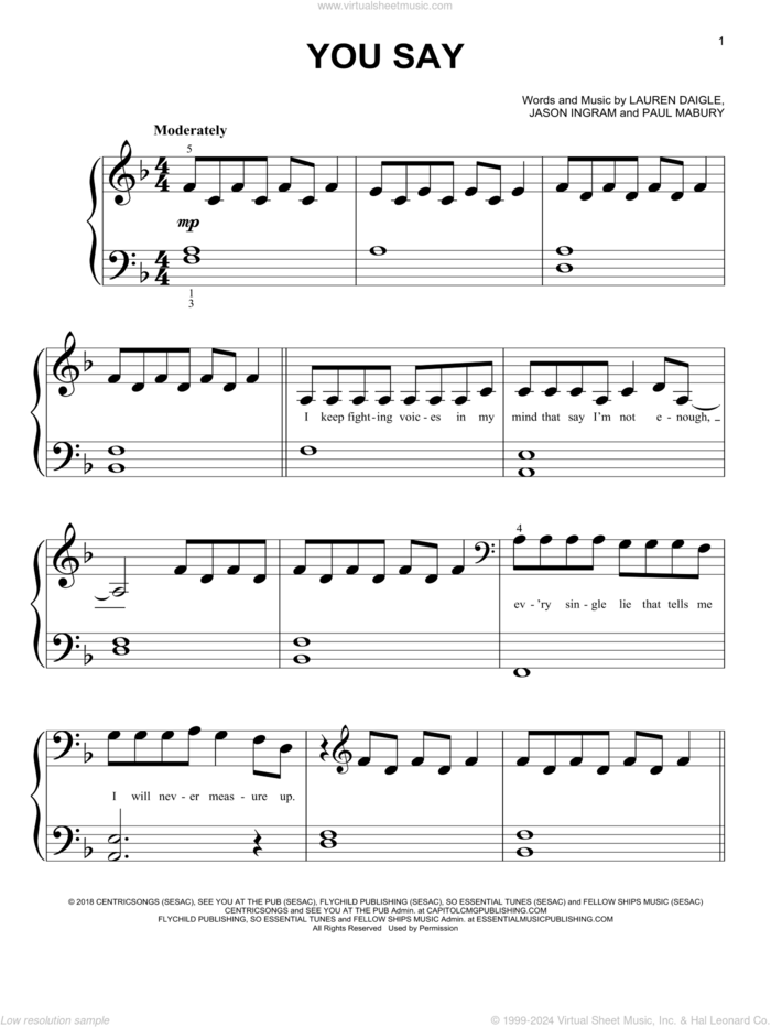 You Say sheet music for piano solo (big note book) by Lauren Daigle, Jason Ingram and Paul Mabury, easy piano (big note book)