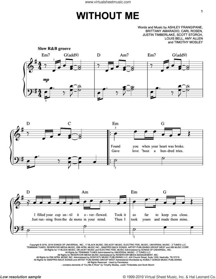 Without Me sheet music for piano solo by Halsey, Amy Allen, Ashley Frangipane, Brittany Amaradio, Carl Rosen, Justin Timberlake, Louis Bell, Scott Storch and Timothy Mosely, beginner skill level