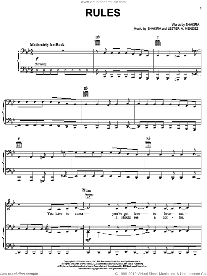 Rules sheet music for voice, piano or guitar by Shakira and Lester Mendez, intermediate skill level