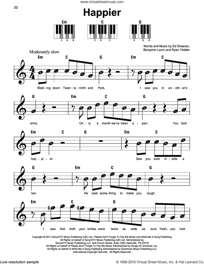 Happier sheet music for piano solo by Ed Sheeran, Benjamin Levin and Ryan Tedder, beginner skill level