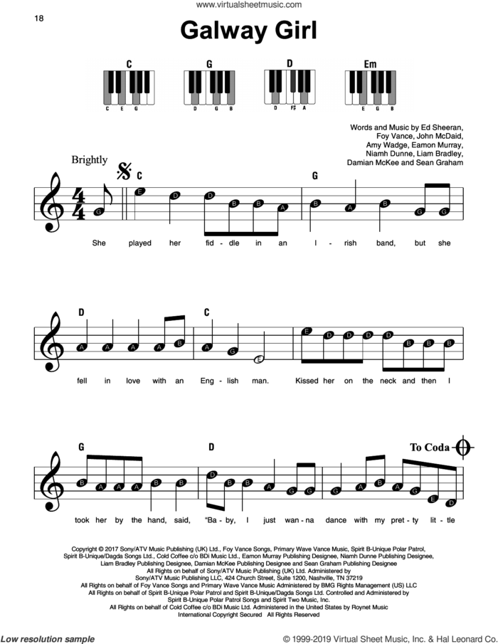 Galway Girl sheet music for piano solo by Ed Sheeran, Amy Wadge, Damian McKee, Eamon Murray, Foy Vance, John McDaid, Liam Bradley, Niamh Dunne and Sean Graham, beginner skill level