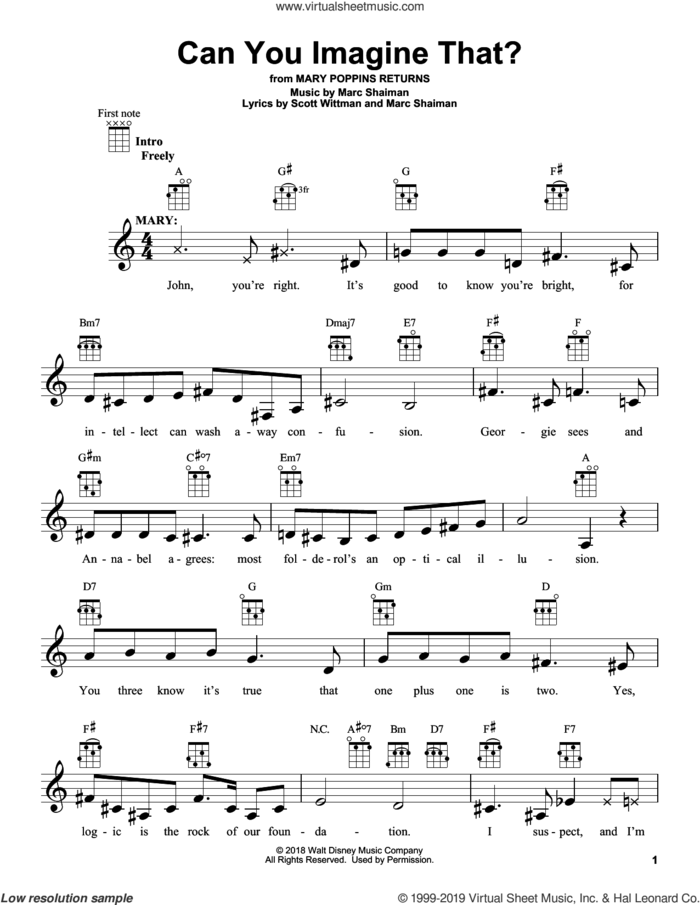 Can You Imagine That? (from Mary Poppins Returns) sheet music for ukulele by Emily Blunt & Company, Marc Shaiman and Scott Wittman, intermediate skill level
