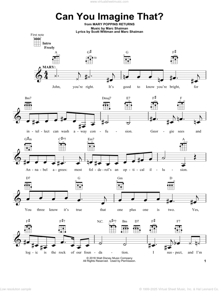 Can You Imagine That? (from Mary Poppins Returns) sheet music for ukulele by Emily Blunt & Company, Marc Shaiman and Scott Wittman, intermediate skill level