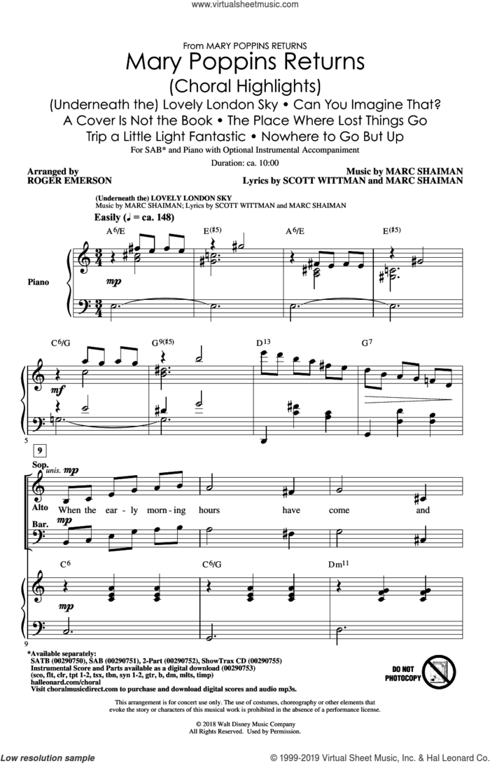Mary Poppins Returns (Choral Highlights) (arr. Roger Emerson) sheet music for choir (SAB: soprano, alto, bass) by Marc Shaiman, Roger Emerson, Marc Shaiman & Scott Wittman and Scott Wittman, intermediate skill level