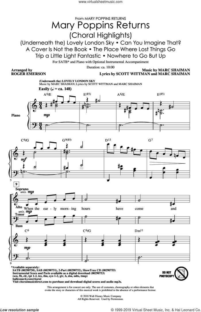 Mary Poppins Returns (Choral Highlights) (arr. Roger Emerson) sheet music for choir (SATB: soprano, alto, tenor, bass) by Marc Shaiman, Roger Emerson, Marc Shaiman & Scott Wittman and Scott Wittman, intermediate skill level