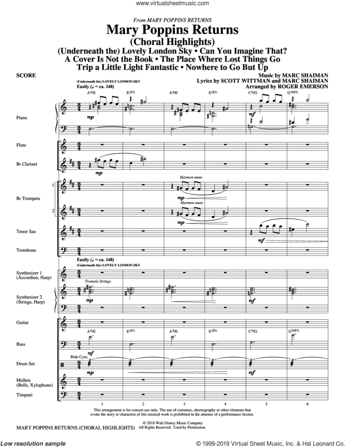 Mary Poppins Returns (Choral Highlights) (arr. Roger Emerson) (COMPLETE) sheet music for orchestra/band by Roger Emerson, Marc Shaiman, Marc Shaiman & Scott Wittman and Scott Wittman, intermediate skill level