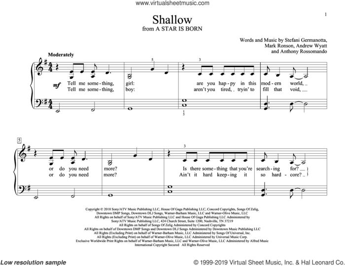 Shallow (from A Star Is Born) sheet music for piano solo (elementary) by Lady Gaga & Bradley Cooper, Andrew Wyatt, Anthony Rossomando, Lady Gaga and Mark Ronson, beginner piano (elementary)
