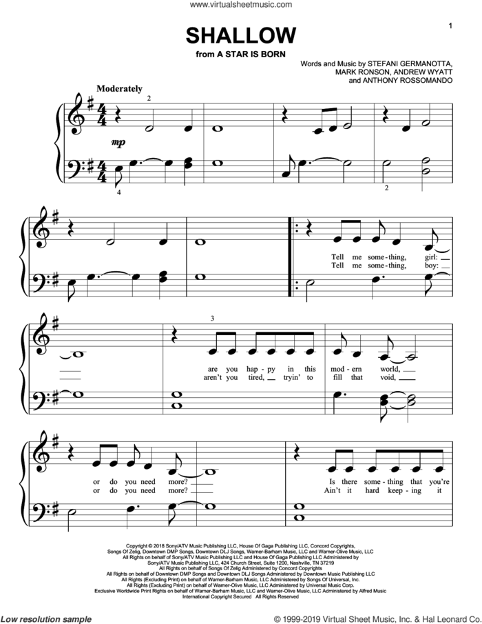 Shallow (from A Star Is Born) sheet music for piano solo (big note book) by Lady Gaga & Bradley Cooper, Andrew Wyatt, Anthony Rossomando, Lady Gaga and Mark Ronson, easy piano (big note book)