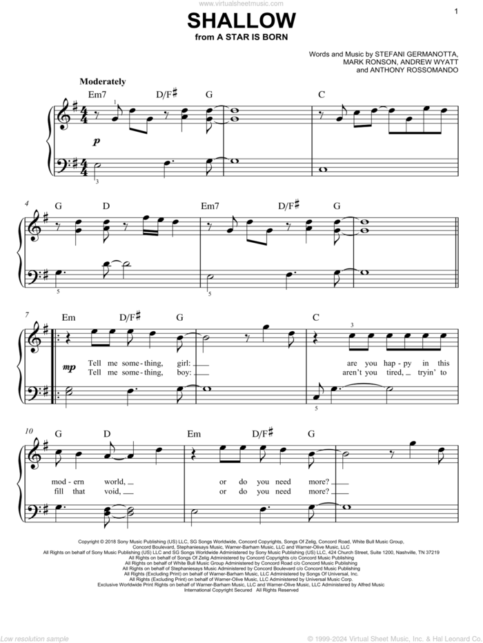 Shallow (from A Star Is Born), (beginner) sheet music for piano solo by Lady Gaga & Bradley Cooper, Andrew Wyatt, Anthony Rossomando, Lady Gaga and Mark Ronson, beginner skill level