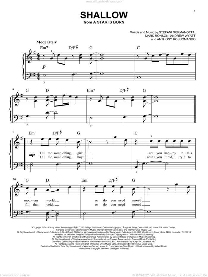 Shallow (from A Star Is Born) sheet music for piano solo by Lady Gaga & Bradley Cooper, Andrew Wyatt, Anthony Rossomando, Lady Gaga and Mark Ronson, beginner skill level