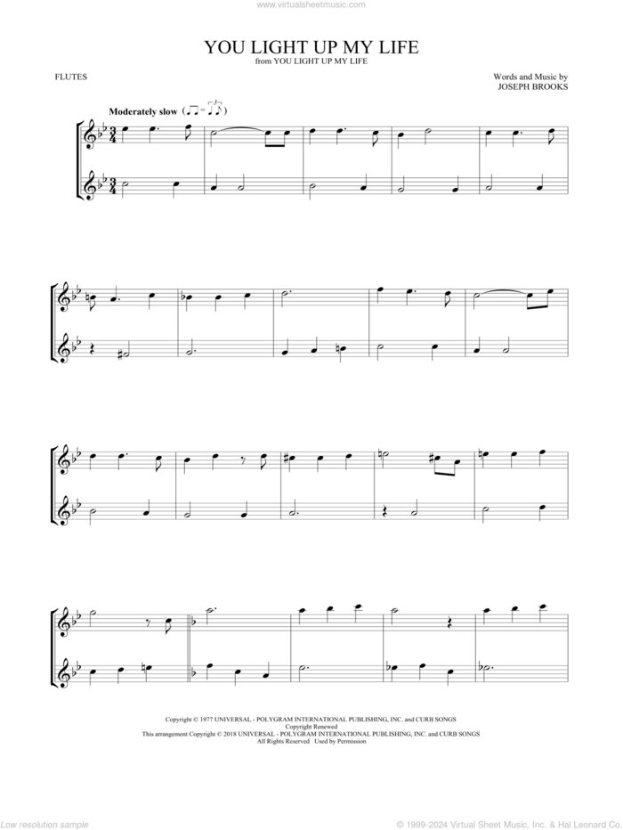 You Light Up My Life sheet music for two flutes (duets) by Debby Boone and Joseph Brooks, wedding score, intermediate skill level