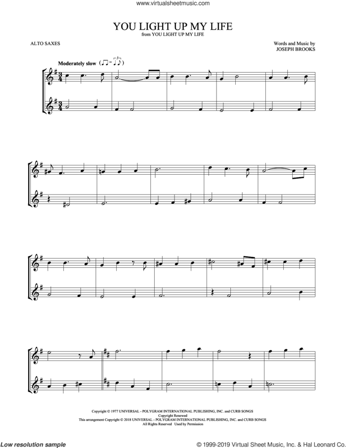 You Light Up My Life sheet music for two alto saxophones (duets) by Debby Boone and Joseph Brooks, wedding score, intermediate skill level