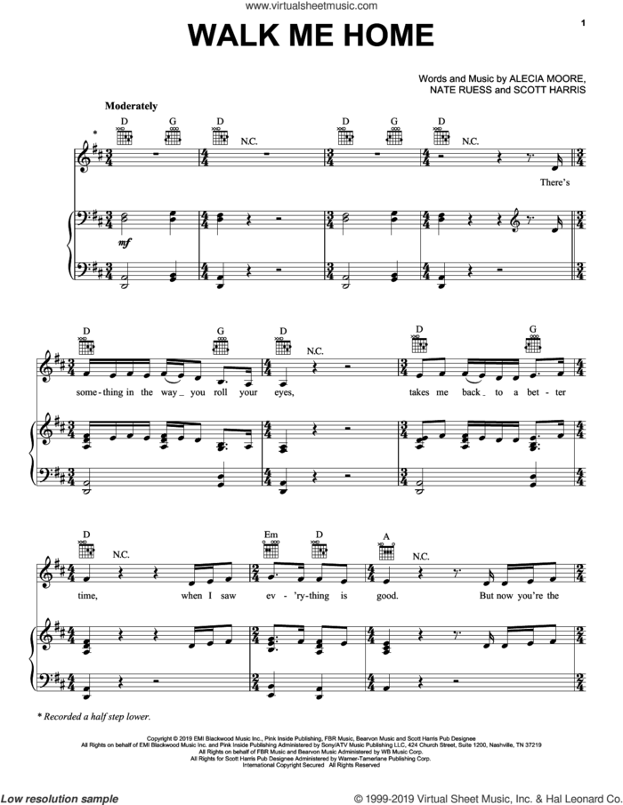 Walk Me Home sheet music for voice, piano or guitar by Alecia Moore, Miscellaneous, Nate Ruess and Scott Harris, intermediate skill level
