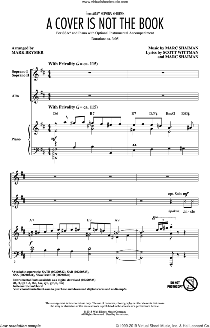 A Cover Is Not The Book (from Mary Poppins Returns) (arr. Mark Brymer) sheet music for choir (SSA: soprano, alto) by Emily Blunt, Lin-Manuel Miranda & Company, Mark Brymer, Marc Shaiman and Scott Wittman, intermediate skill level