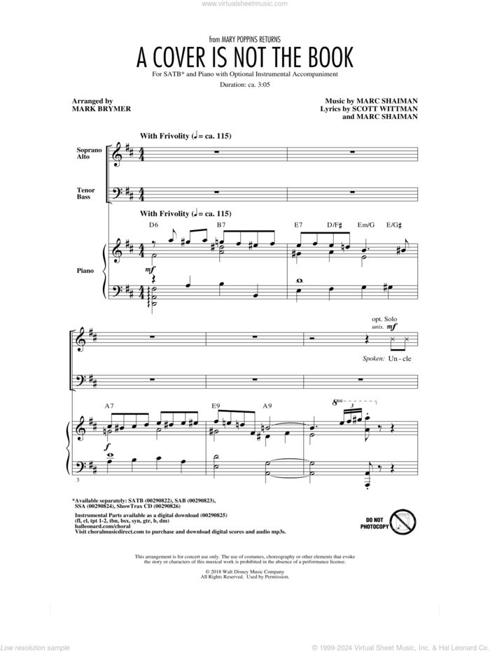 A Cover Is Not The Book (from Mary Poppins Returns) (arr. Mark Brymer) sheet music for choir (SATB: soprano, alto, tenor, bass) by Emily Blunt, Lin-Manuel Miranda & Company, Mark Brymer, Marc Shaiman and Scott Wittman, intermediate skill level