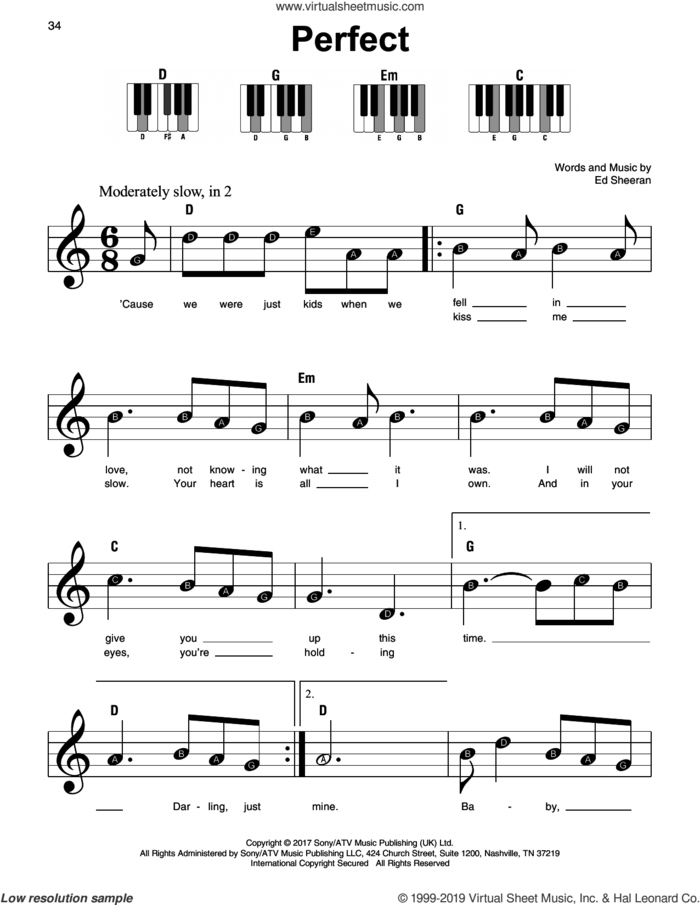 Perfect sheet music for piano solo by Ed Sheeran, wedding score, beginner skill level