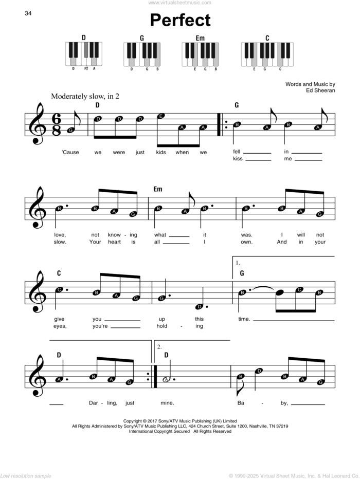 Perfect sheet music for piano solo by Ed Sheeran, wedding score, beginner skill level
