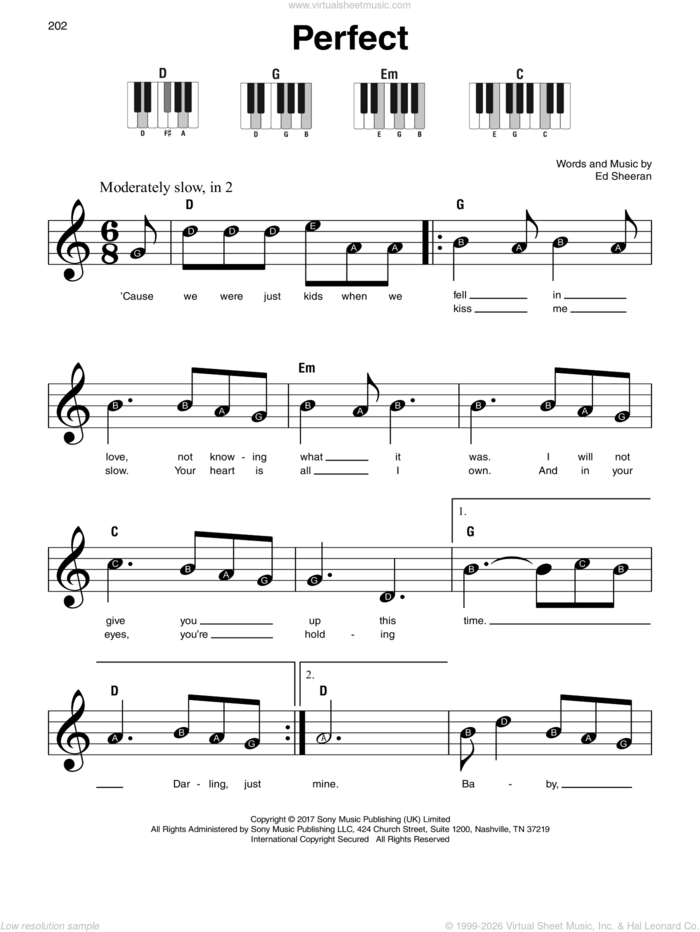 Perfect sheet music for piano solo by Ed Sheeran, wedding score, beginner skill level