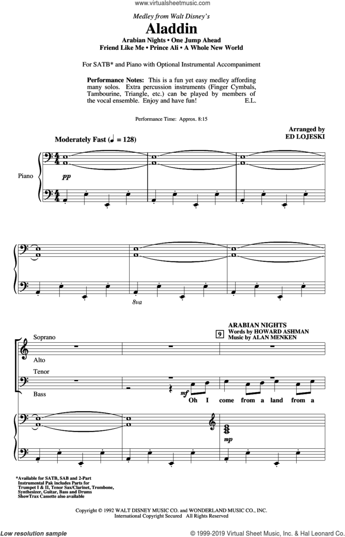Aladdin (Medley) (from Disney's Aladdin) (arr. Ed Lojeski) sheet music for choir (SATB: soprano, alto, tenor, bass) by Alan Menken, Ed Lojeski, Howard Ashman and Tim Rice, intermediate skill level