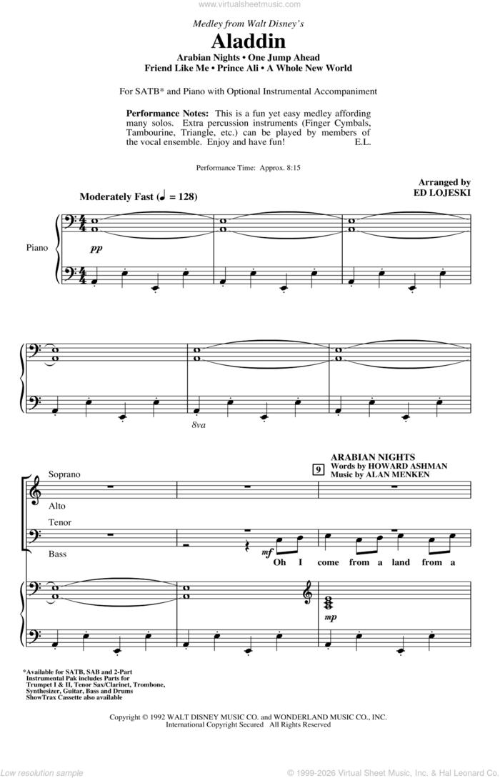 Aladdin (Medley) (from Disney's Aladdin) (arr. Ed Lojeski) sheet music for choir (SATB: soprano, alto, tenor, bass) by Alan Menken, Ed Lojeski, Howard Ashman and Tim Rice, intermediate skill level
