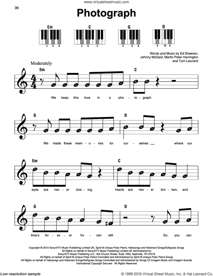Photograph sheet music for piano solo by Ed Sheeran, beginner skill level
