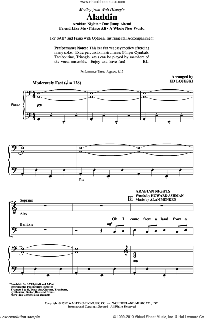 Aladdin (Medley) (from Disney's Aladdin) (arr. Ed Lojeski) sheet music for choir (SAB: soprano, alto, bass) by Alan Menken, Ed Lojeski, Howard Ashman and Tim Rice, intermediate skill level