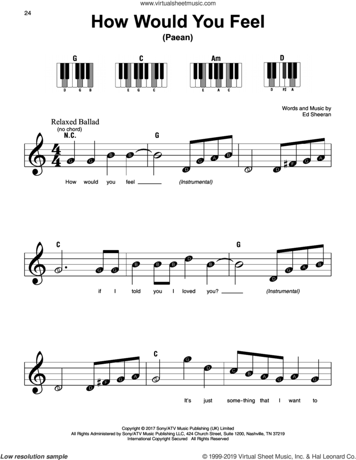 How Would You Feel (Paean), (beginner) (Paean) sheet music for piano solo by Ed Sheeran, beginner skill level