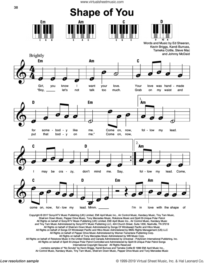 Shape Of You sheet music for piano solo by Ed Sheeran, beginner skill level