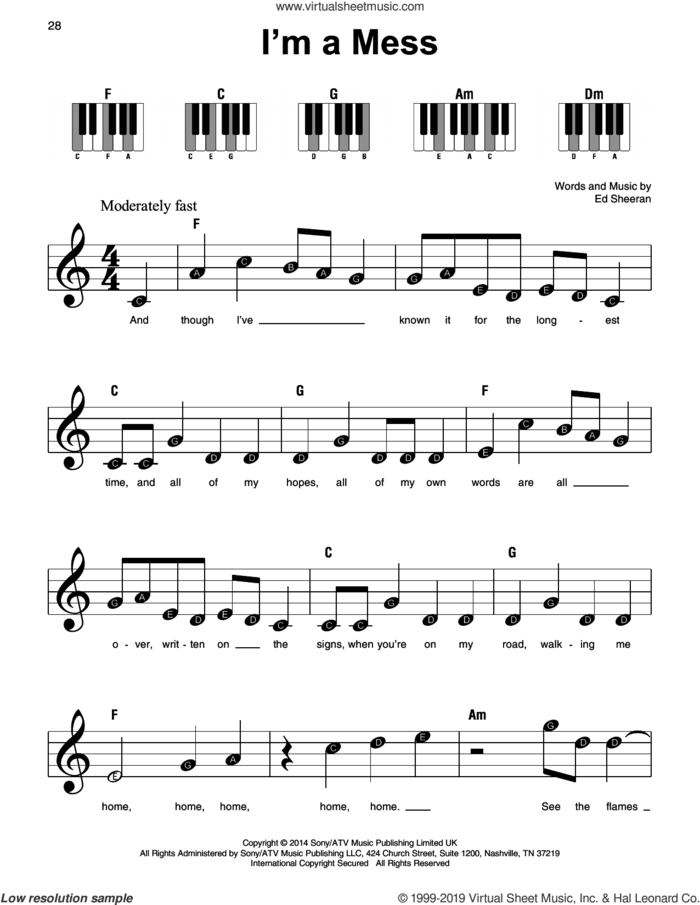 I'm A Mess sheet music for piano solo by Ed Sheeran, beginner skill level