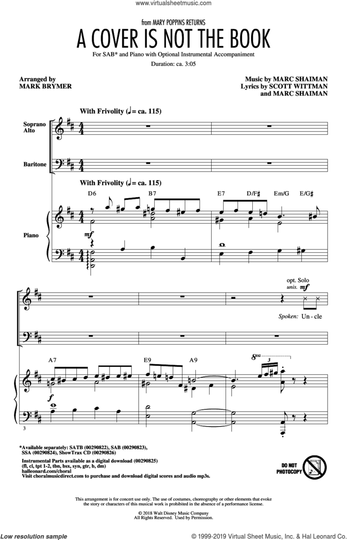 A Cover Is Not The Book (from Mary Poppins Returns) (arr. Mark Brymer) sheet music for choir (SAB: soprano, alto, bass) by Emily Blunt, Lin-Manuel Miranda & Company, Marc Shaiman and Scott Wittman, intermediate skill level