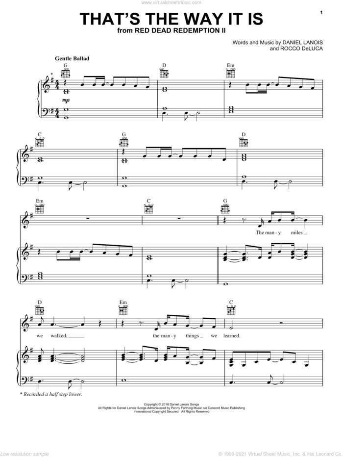 That's The Way It Is (from Red Dead Redemption 2) sheet music for voice, piano or guitar by Daniel Lanois and Rocco DeLuca, intermediate skill level